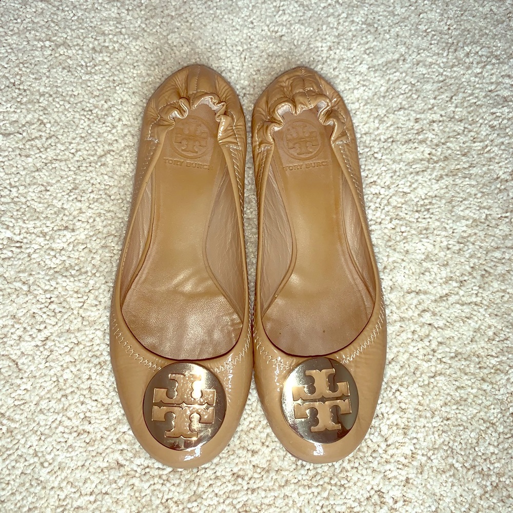 Tory Burch Tan Flats with Gold Logo